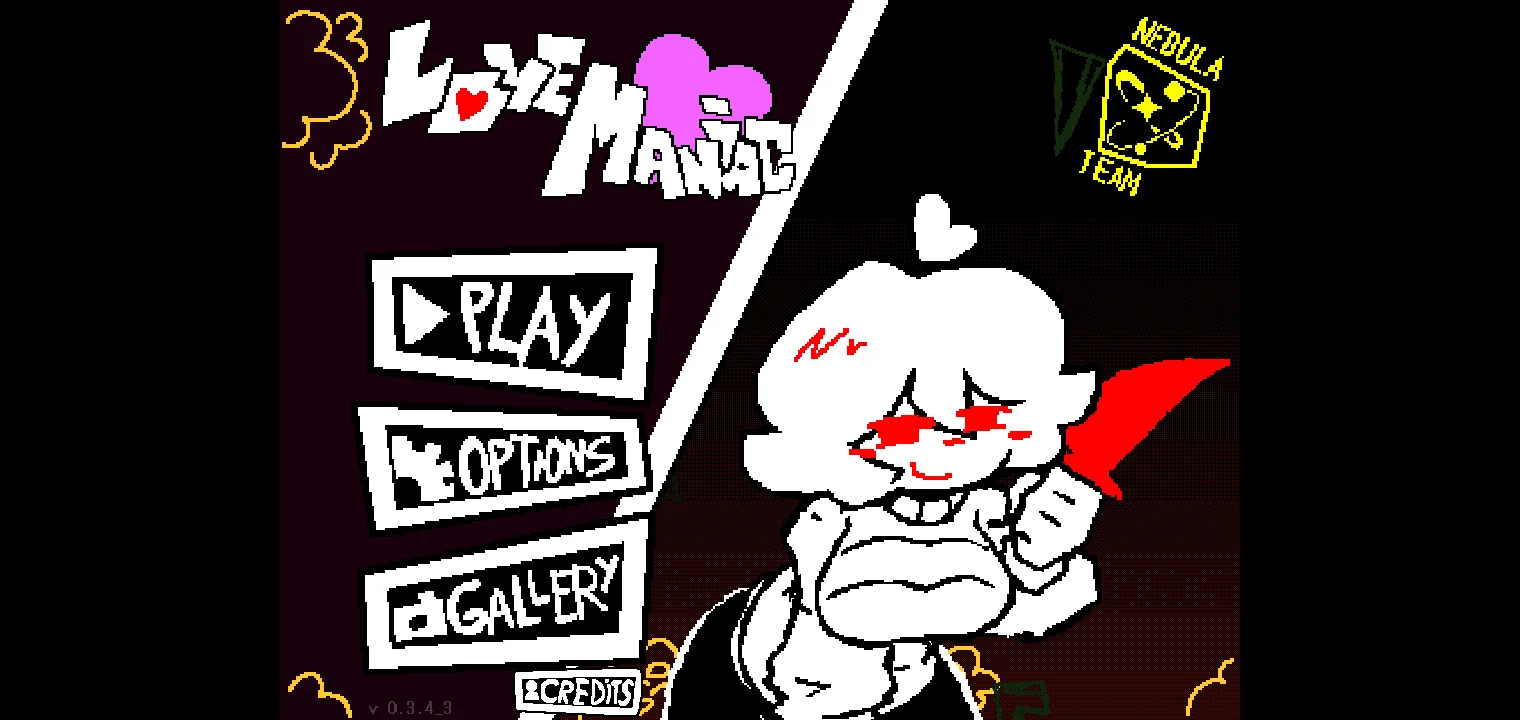 Love Maniac gameplay screenshot showing pixel-art parody RPG scene